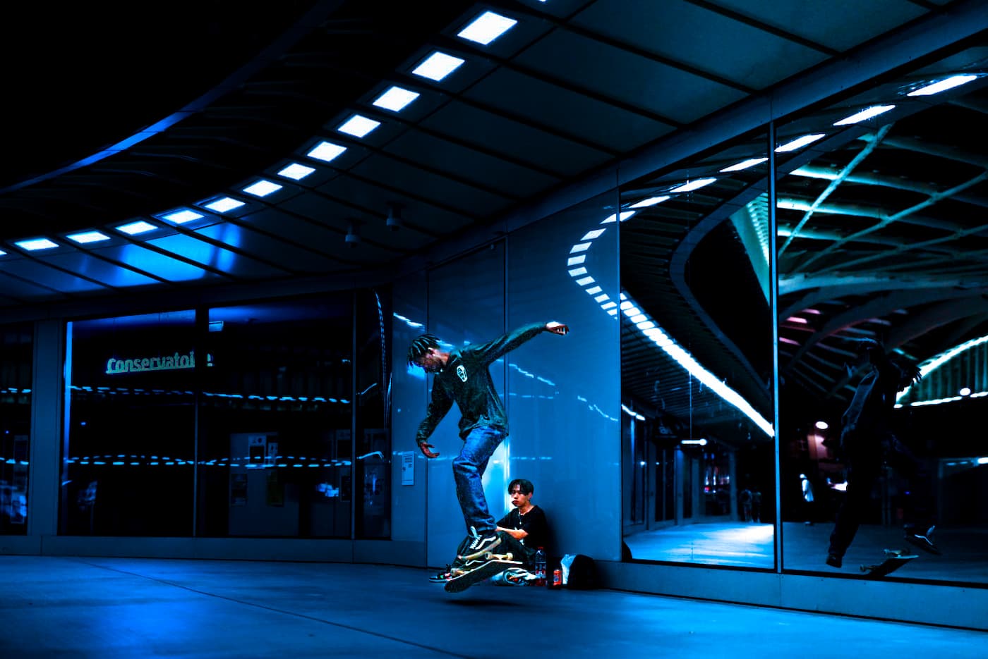 Night street photography with a skateboarder