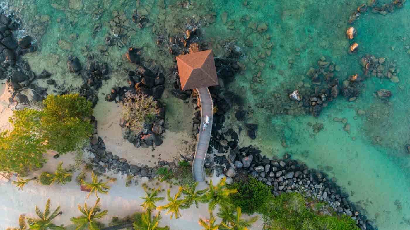 Aerial wedding couple Mauritius jetty