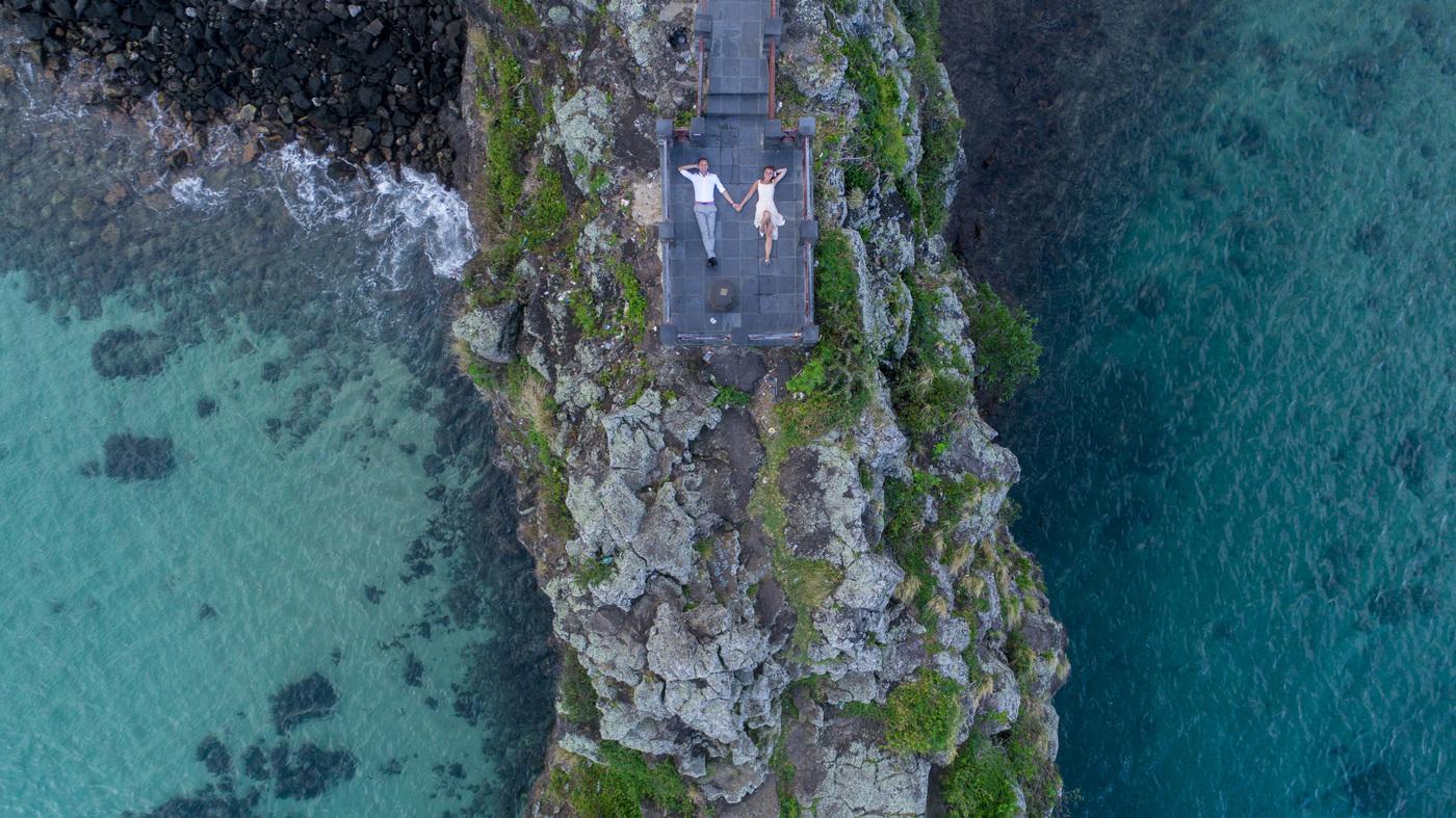 Aerial couple rocky coast sea mauritius