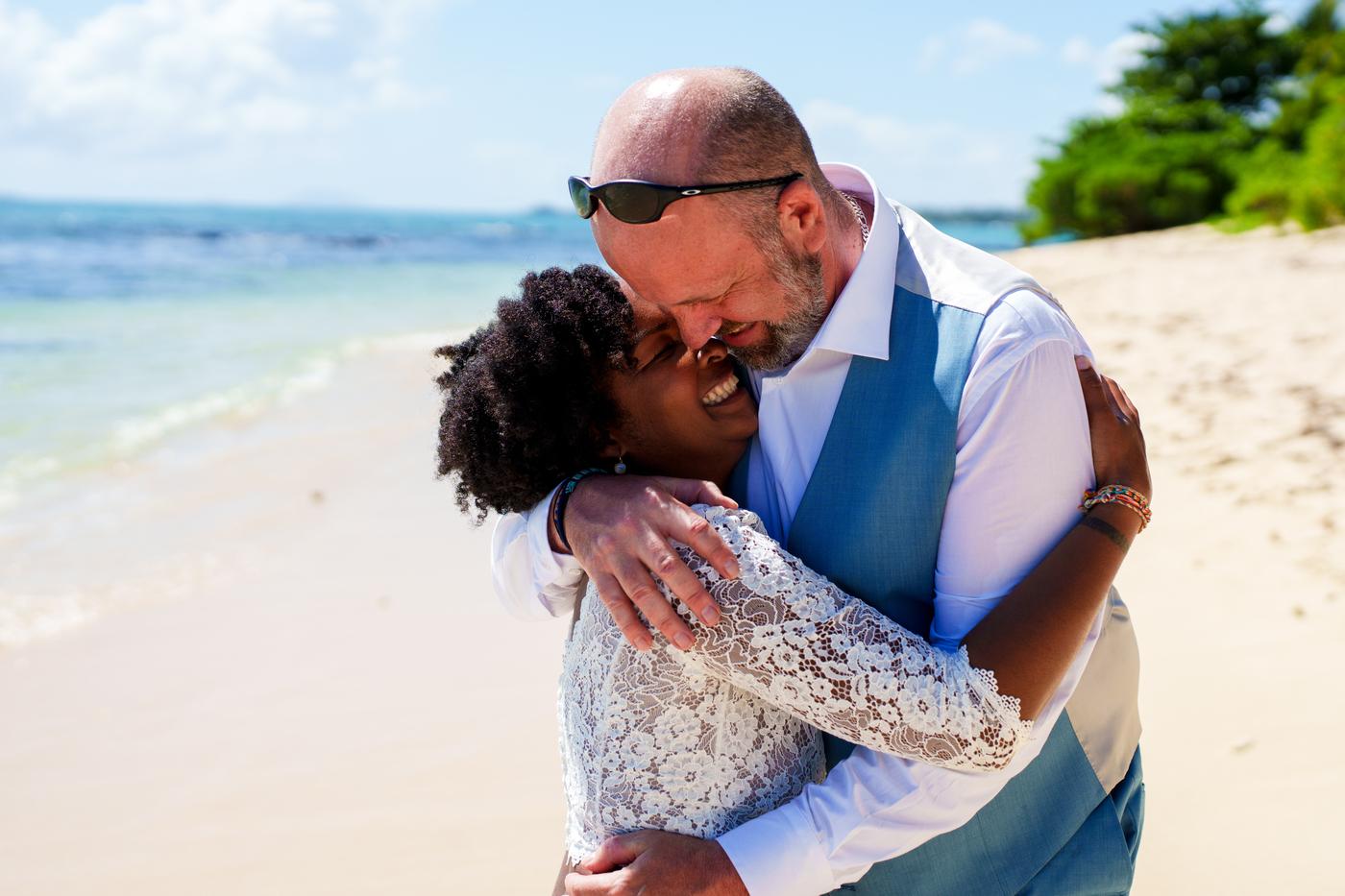 Close up couple embracing beach wedding mauritius