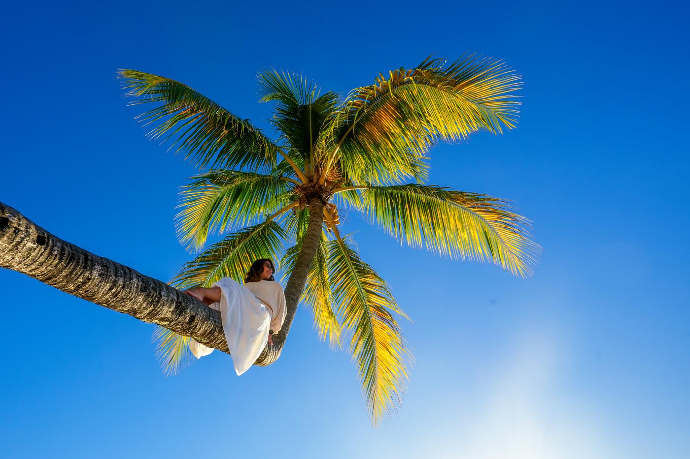 Woman sitting on palm tree tropical beach mauritius
