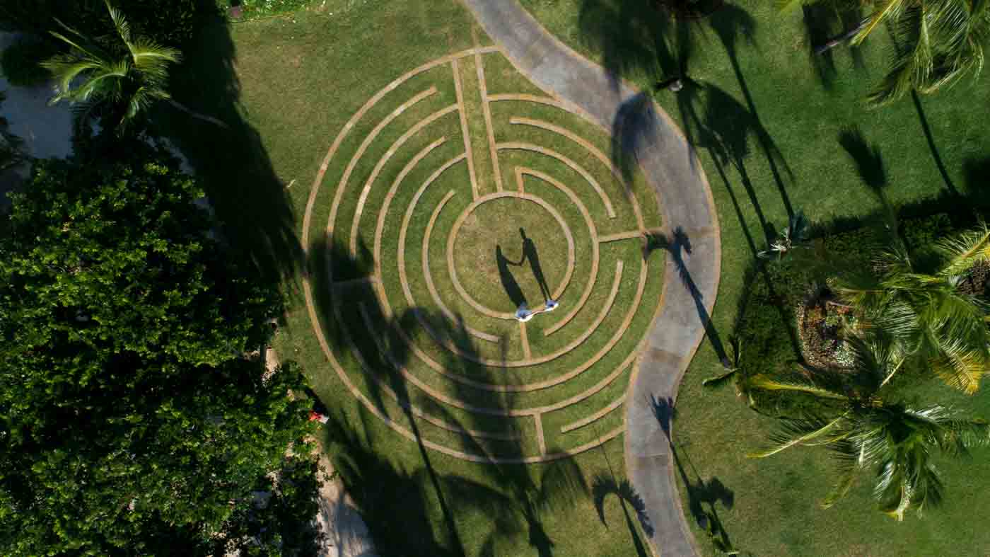 Aerial wedding photograph of a couple at a Mauritius resort