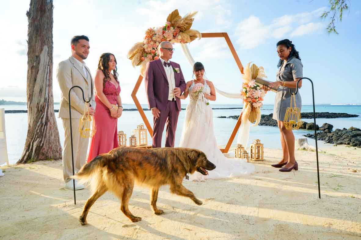 Beach wedding ceremony in Mauritius with a hexagonal arch